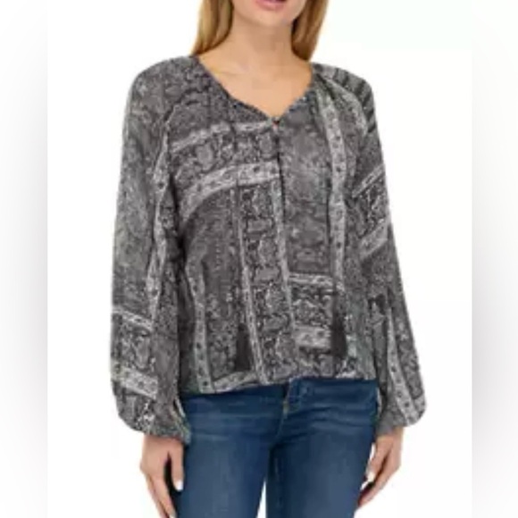 Wonderly Women's Black and White Paisley Print Peasant Blouse size M - Picture 1 of 13
